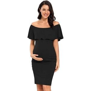 Brat Star Maternity Off Shoulder Ruffle Black Bodycon Dress Size L